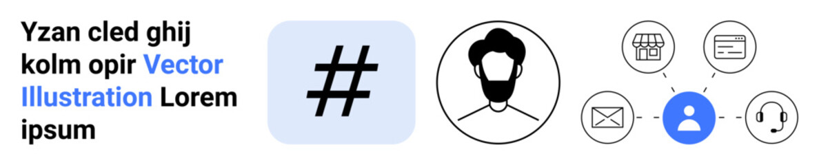 metadata tag symbol beside a user profile connected to icons representing email, chat, support, shopping, and internet. Ideal for networking, digital identity, customer service, shopping social