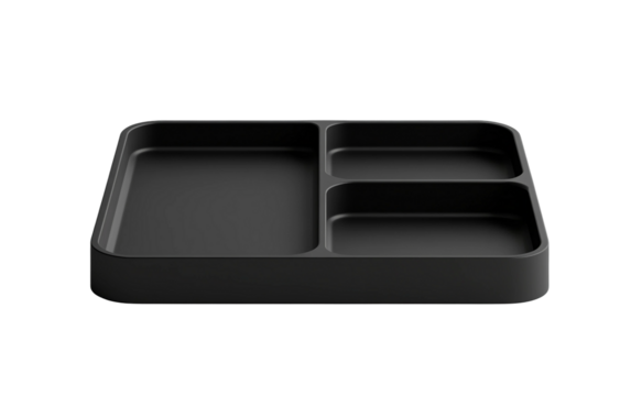 Sleek black minimalist desk organizer tray designed for efficient workspace management with modern style and functional simplicity isolated on transparent background PNG