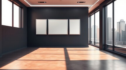 Minimalist room with blank frames, cityscape view, and warm sunlight on wooden floor.