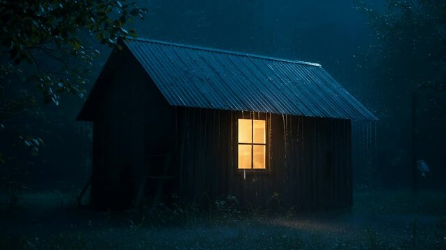 Cozy cabin in the rain at night