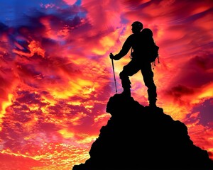 Hiker on mountain peak at sunset, reflecting on vision and ambitions amidst stunning landscape