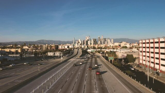 4K drone Video of downtown Los Angeles during sunset as a stablishing shot 4K