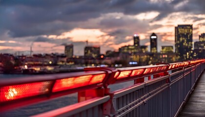 glowing red traffic lights line a bridge railing at dusk signaling caution against a blurred cityscape and dramatic sky