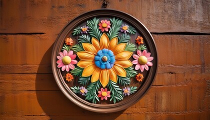 a circular frame with a floral design in vibrant colors mounted on a rustic brown wall creating a cheerful inviting ambiance