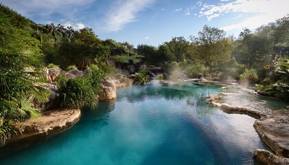 Fototapeta premium experience the serene beauty of natural hot springs where crystal clear waters meet rocky formations surrounded by lush greenery creating a peaceful escape in nature