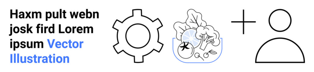 Gear for productivity, salad bowl for healthy living, user icon with plus sign for connection. Ideal for teamwork, health, balance, productivity, collaboration, networking simple landing page