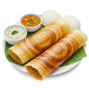 Delicious masala dosa with idli and sambar isolated on white background