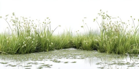 Isolated Swamp Grass: Lush Green Flora on Clean White Background with Wild Meadow Vibes