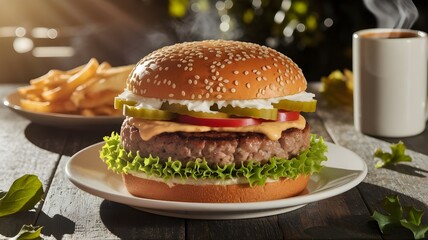 Juicy Gourmet Burger with Fresh Vegetables and Creamy Sauce on White Background