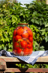 Canned homemade red tomatoes in a glass jar on a wooden table against the background of green leaves, on a sunny summer day. Preserved vegetables. 