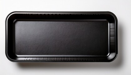 overhead image of a black empty foam food tray on white background