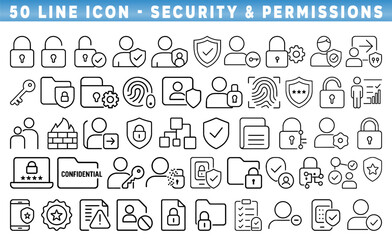 Collection of line icons representing security and permissions in modern digital environments for various applications.Editable stroke.