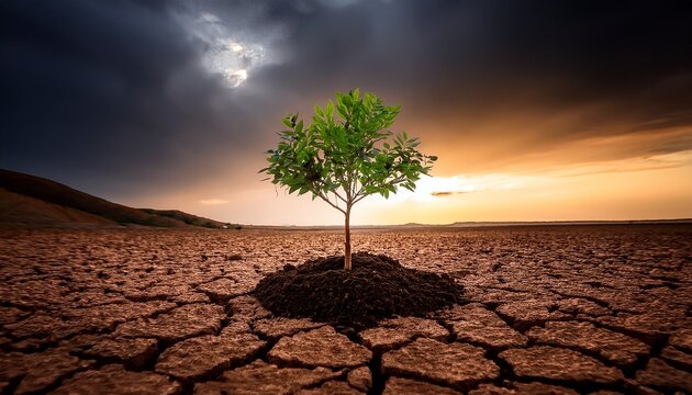 a solitary sapling emerges from barren earth symbolizing hope and renewal amidst an ominous backdrop