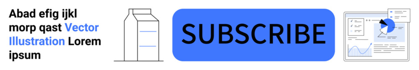 Blue subscription button alongside milk carton outline, placeholder text, and chart interface. Ideal for marketing, subscriptions, advertising, analytics, modern design, data and a simple landing