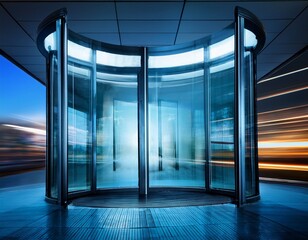 revolving glass door with abstract motion and dynamic lighting