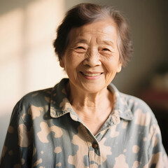 Portrait of elderly woman with vitiligo smiling with confidence, wearing casual clothes, captured in soft natural daylight