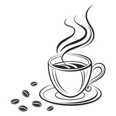 Steaming coffee cup illustration with coffee beans