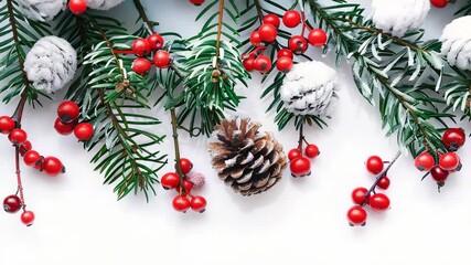 A visually appealing composition features lush evergreen branches dusted with snow, complemented by vibrant red berries and a natural pinecone, set against a pristine white background. - Powered by Adobe