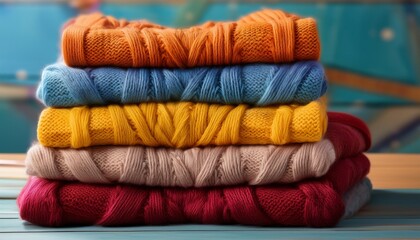 a visually engaging stack of colorful knitted textiles showcasing a soft and cozy texture in vibrant hues perfect for home decor or fashion applications to inspire warmth