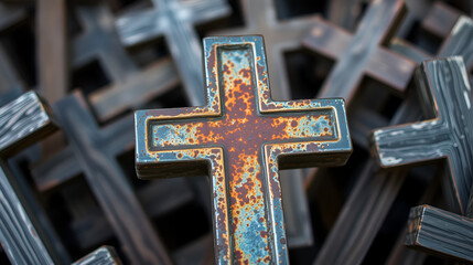 A close-up of a metal cross, with rust showing its age, surrounded by newer wooden crosses