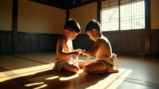 Young sumo apprentices focus on tying their training mawashi in a wooden dojo during a warm afternoon session