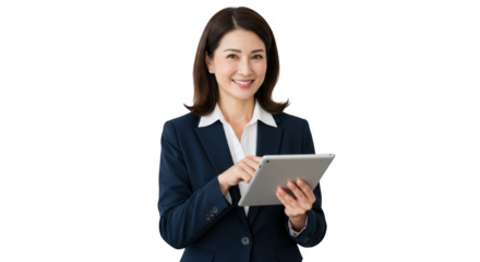 Smiling businesswoman using tablet in formal attire isolated on transparent background