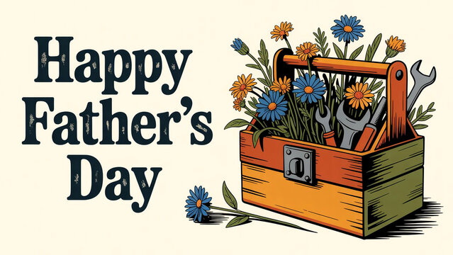 Happy father's day celebration image featuring tool box filled with flowers and wrenches