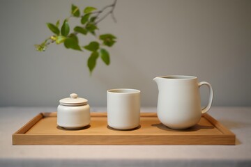 Fototapeta premium Minimalist Tea Set on Wooden Tray with Green Branch Featuring White Ceramic Teapot Cup and Sugar Bowl for a Clean and Serene Aesthetic