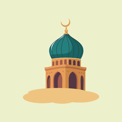Islamic Mosque Vector Illustration with Crescent Moon Dome. Flat vector illustration of a traditional mosque with a green dome and crescent moon. Perfect for Islamic, Ramadan, and Eid-themed designs.