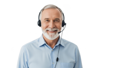Smiling senior man wearing headset isolated on transparent background