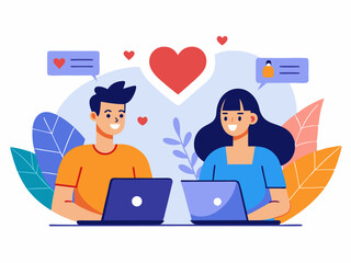 Flat vector scene of romantic connection formed through laptops in pink themed environment