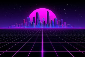 Retro Cityscape with Grid and Sunset in Neon Colors a Nostalgic Scene Reminiscent of the 1980s Vaporwave and Synthwave Aesthetics