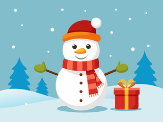 Festive snowman holding a red gift box in snowy winter landscape with pine trees