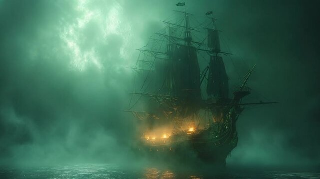 ghost pirate ship emerges from dense sea fog