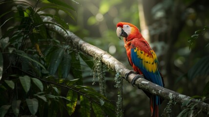 Obraz premium Colorful parrot perched on branch in lush tropical rainforest 