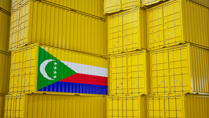 Cargo shipping container with comoros flag, shipping and freight transportation of comoros concept.