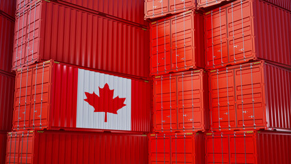 Cargo shipping container with canada flag, shipping and freight transportation of canada concept.