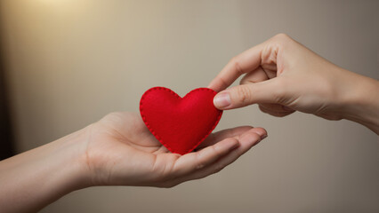 Hand giving a red felt heart to another hand. Concept of love, care or donation.