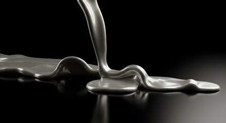 Silver liquid is shown pouring on a black surface, creating a glossy and smooth texture visual.
