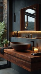 Elegant modern bathroom with dark stone vessel sink on wooden floating vanity, warm ambient lighting, black walls, framed mirror and mountain view window in luxury spa-like setting