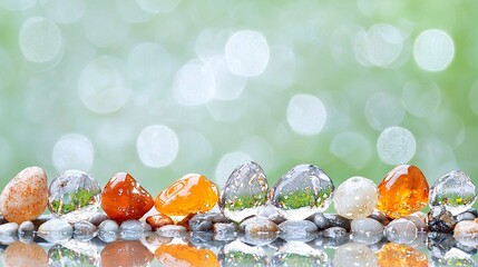 Artistic Still Life of Assorted Wet Pebbles on Green Bokeh Background