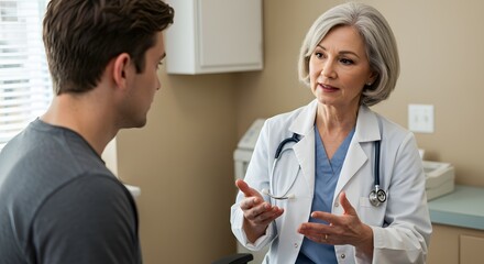 Mature female doctor in lab coat consults with a concerned young male patient in clinic setting.