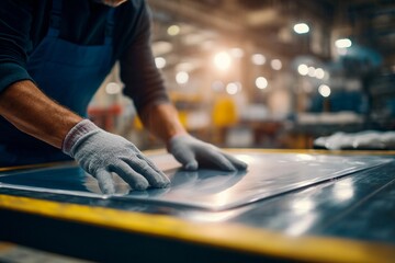 A focused worker carefully shapes a metal sheet on a table in an industrial workshop. The environment is busy with machinery, highlighting the craftsmanship involved in metalwork