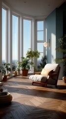 Serene modern living room corner with panoramic windows, comfortable wooden armchair, lush indoor plants, and herringbone wood flooring in sunlit apartment with blue accent wall and city view