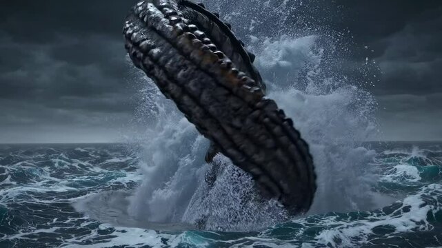 A dramatic video still of a giant tentacle emerging from stormy seas, captured from a low angle, emphasizing its scale against dark, ominous clouds.