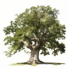 Vector Illustration of an Old Twisted Tree with Lush Green Canopy on White Background