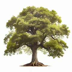 Vector Illustration of a Large Green Tree with Roots on White Background