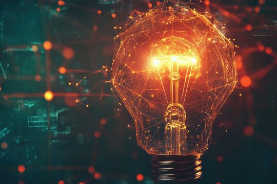 Innovative business concept illustrated by a glowing light bulb on a blockchain backdrop emphasizing creativity and technology integration