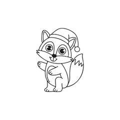 Obraz premium Cute cartoon fox with Christmas hat holding candy cane, perfect for coloring books.A whimsical, black and white illustration of a cartoon fox wearing a festive Christmas hat and holding a candy cane.