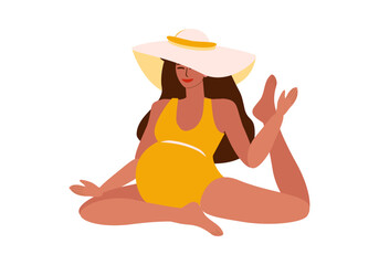 Young pregnant tanned woman in swimsuit and hat doing yoga and meditation - vector color isolated flat illustration for banners, cards, posters, flyers